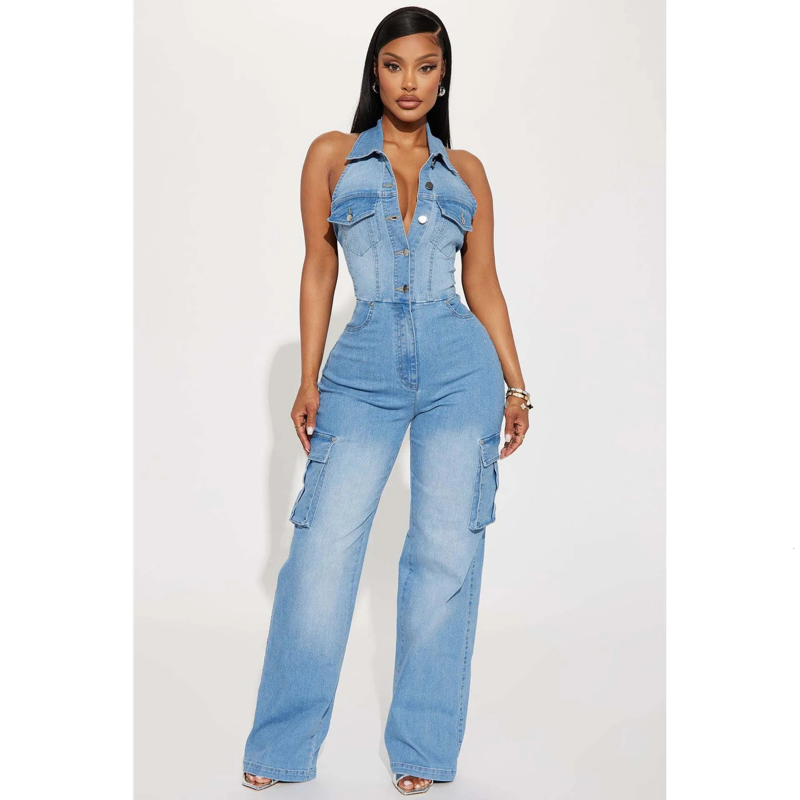 Sexy Denim Jean Jumpsuit 2024 Women Summer Clothes Pocket Cargo Pants Y2K Streetwear One Piece Denim V Neck Rompers Jumpsuits 240701