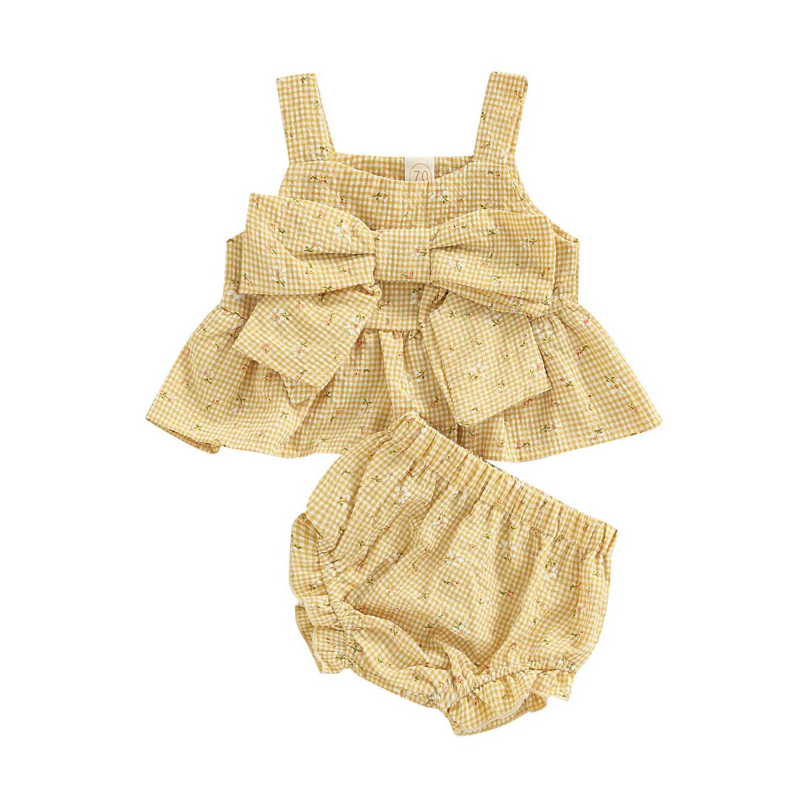 Clothing Sets Baby Girls Infant Two Piece Set Sleeveless Floral Plaid Pattern Bow Decor Camisole Elastic Waist Shorts R240708