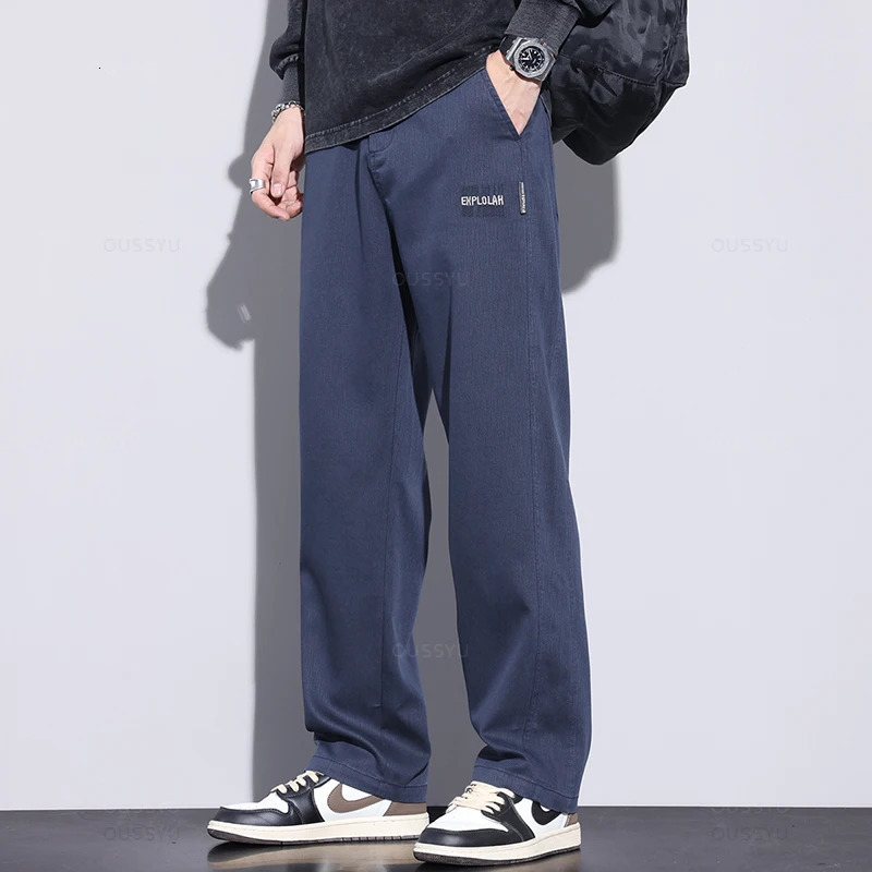High Quality Soft Lyocell Fabric Pants Men Elastic Waist Baggy Straight Autumn Winter Thick Casual Wide Trousers Male Plus Size 240627