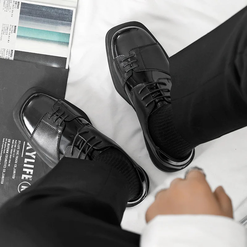 Men Genuine Leather Derby Vintage Square Toe Male Lace Up Platform Dress New Black Business Footwear Wedding Shoes 240702