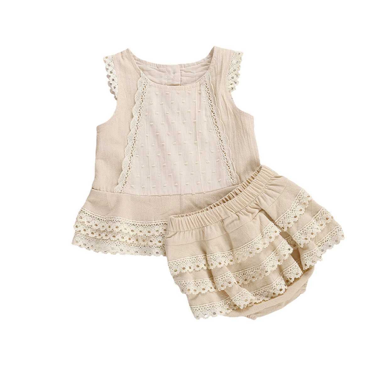 Clothing Sets 2 Pcs Babys Summer Suit Sleeveless Lace Vest Top Layered Hem + Tiered Skirt Panty Outfit for Toddler Girl 6M-4Y R240708