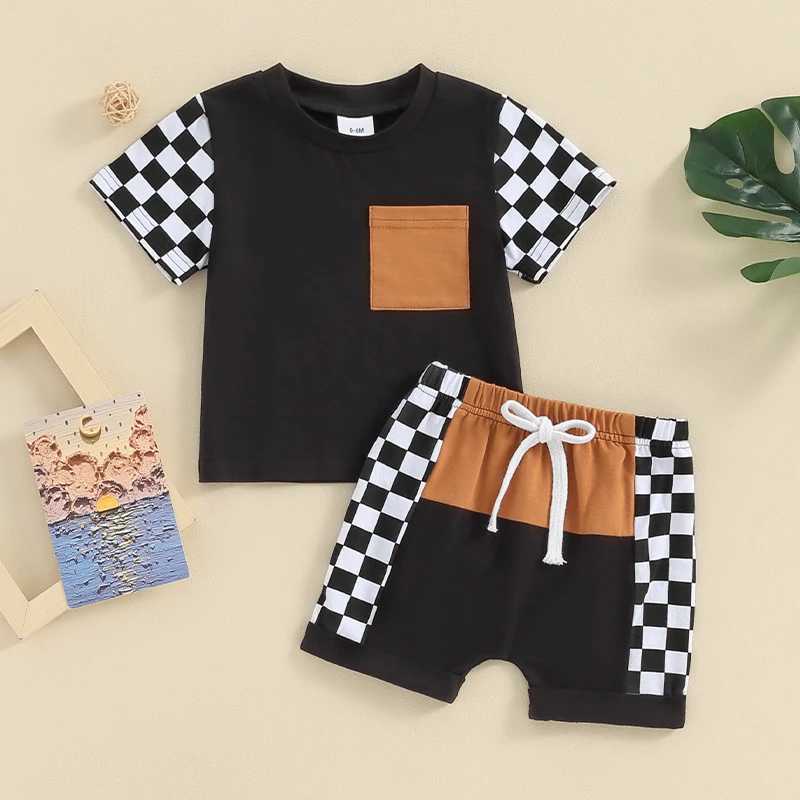 Clothing Sets 2023-12-25 Lioraitiin Toddler Baby Boy Summer Outfits Checkerboard Short Sleeve Tops + Patchwork Shorts Set Clothes R240708