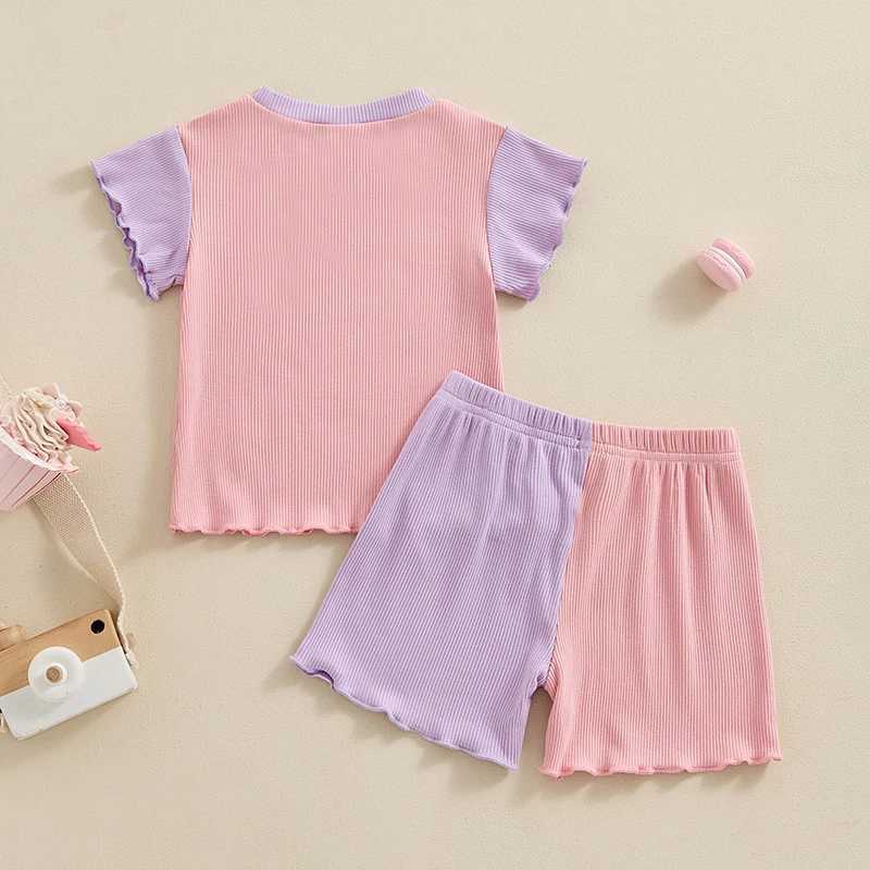 Clothing Sets 2024-04-10 Lioraitiin Kids Girls Shorts Set Contrast Color Short Sleeve Crew Neck T-shirt with Shorts Summer Outfit R240708