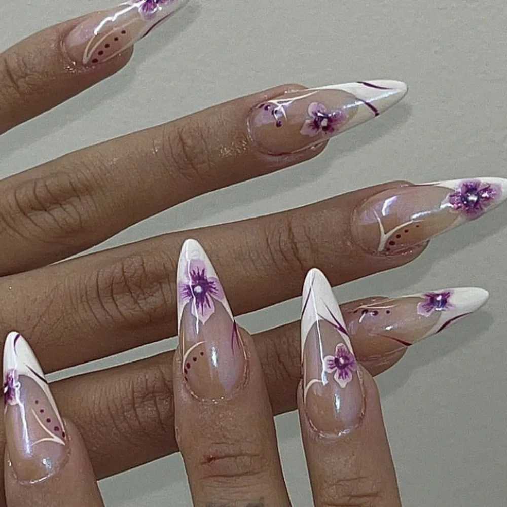 24Pcs Almond Fake Nails Gradient Pink Flower Designs Full Cover False Nails for Women Spring Summer Press on Nails Tips 2024M240708