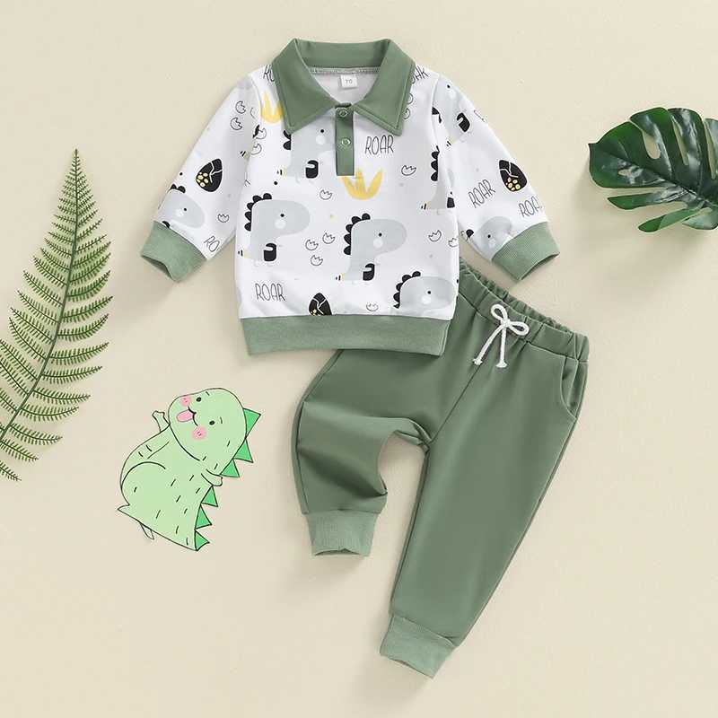 Clothing Sets Baby Boys Autumn Outfit Sets Dinosaur Print Long Sleeve Lapel Sweatshirt Tops and Pant Sets Toddler Tracksuits Boy Clothes R240708
