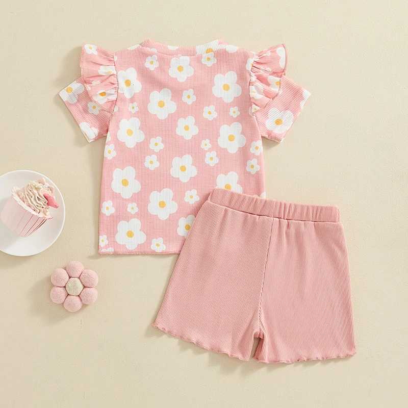 Clothing Sets 2024-04-19 Lioraitiin Kids Girls Shorts Set Short Sleeve Crew Neck Flower Print T-shirt with Shorts Summer Outfit R240708