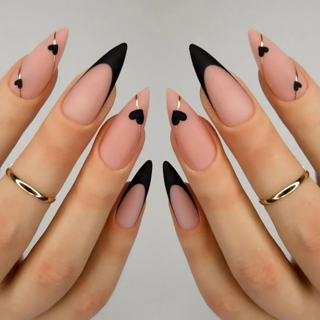 24 long French heart-shaped gold thread nails with 1 jelly gel and 1 nail file 240705