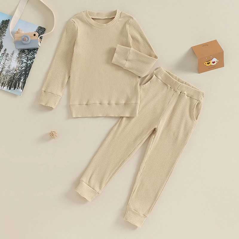 Clothing Sets 3-7Y Kids Boys Solid Color Ribbed Outfits Baby Autumn Clothes Children Long Sleeve Sweatshirt Tops Pants Sets R240708