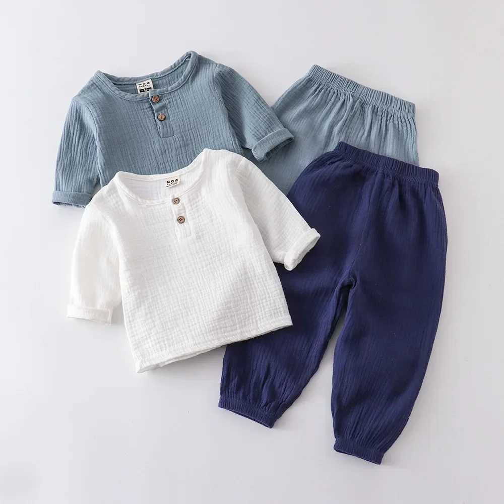 Clothing Sets 0-6Years Soft Sets Shirt Wholesale Childrens Spring Summer Organic Cotton Set Boys Girls Thin Solid Color Soft Muslin Clothes R240708