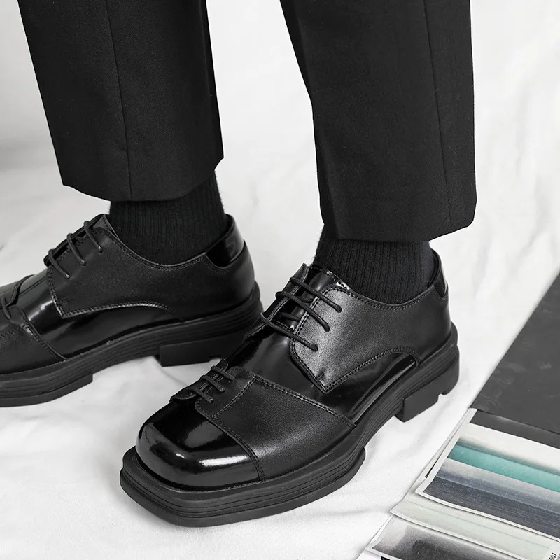 Men Genuine Leather Derby Vintage Square Toe Male Lace Up Platform Dress New Black Business Footwear Wedding Shoes 240702