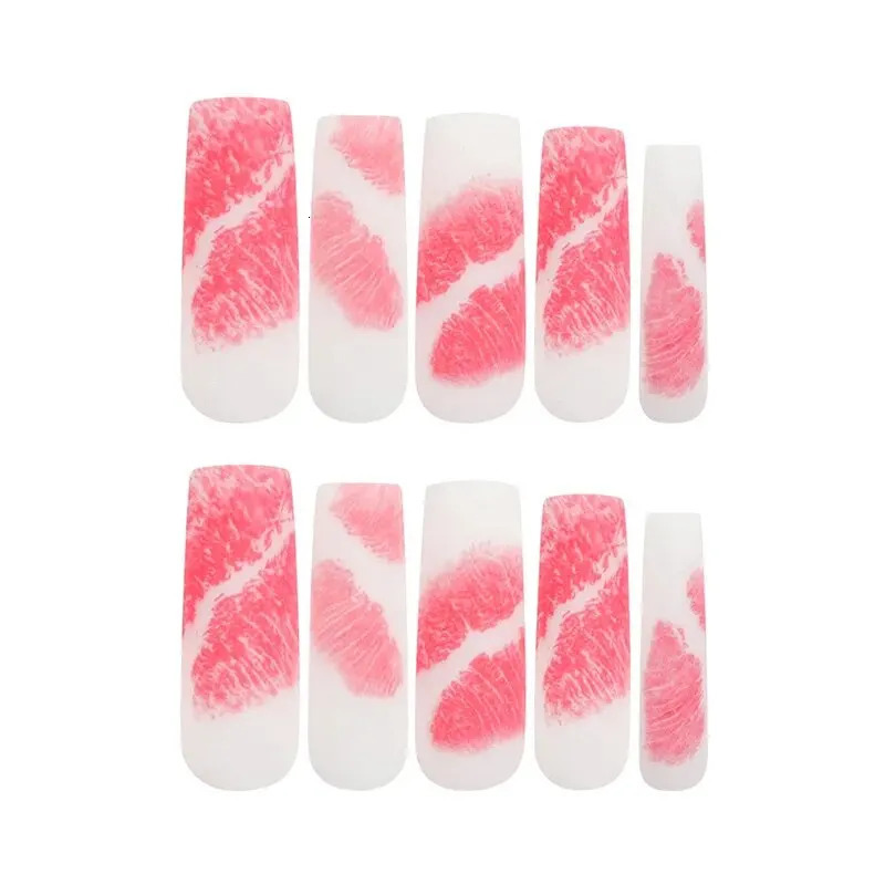 24 pieces of Valentines Day rectangular novel red lip nails with 1 file and 1 jelly gel 240705