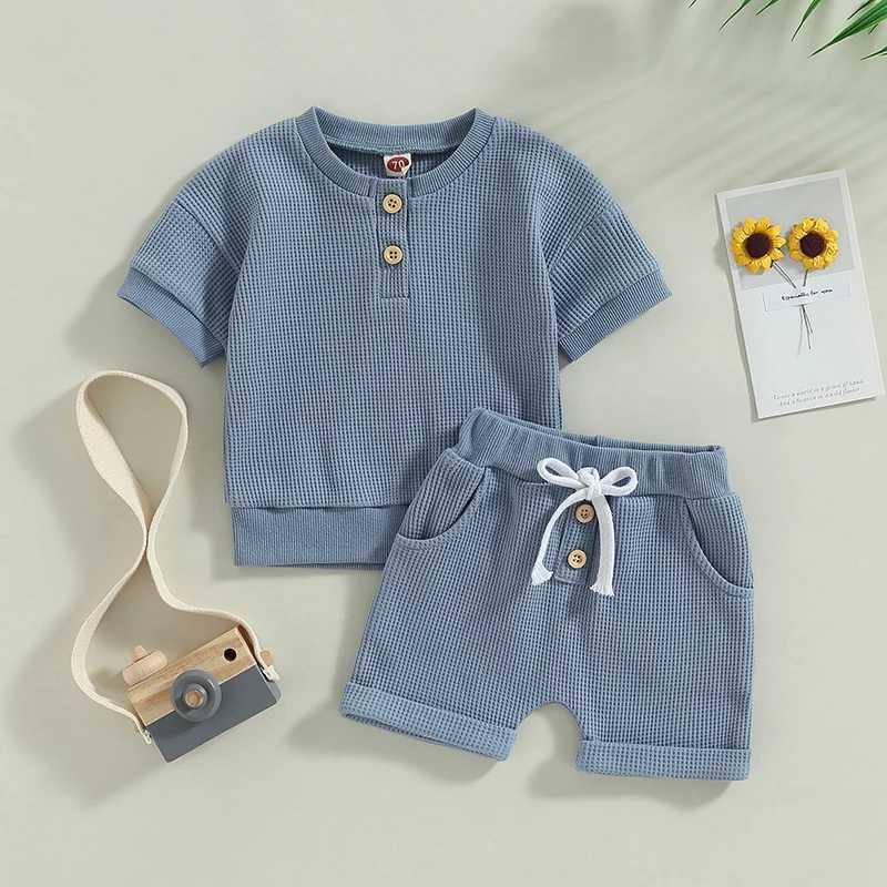 Clothing Sets 2023-02-17 Lioraitiin 0-3Years Infant Boys Summer Clothes Outfits Solid Buttons Crew Neck Short Sleeve Tops Shorts 2Pcs Suit R240708