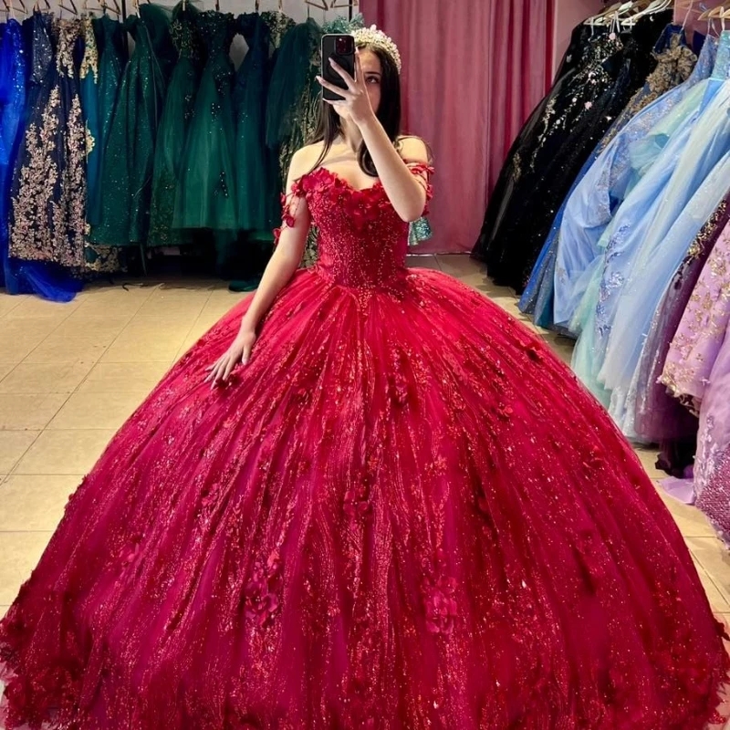 Red Shiny Quinceanera Dresses Sleeveless Crystal Sequined Ball Gown Off The Shoulder Applique Lace Beads Corset Vestidos 15 Para