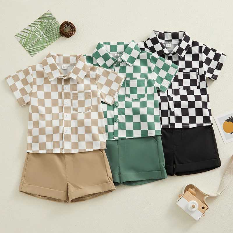 Clothing Sets Summer Toddler Boys Gentleman Outfit Clothing Checkerboard Print Button Short Sleeves Shirt and Shorts Set for Formal Wear