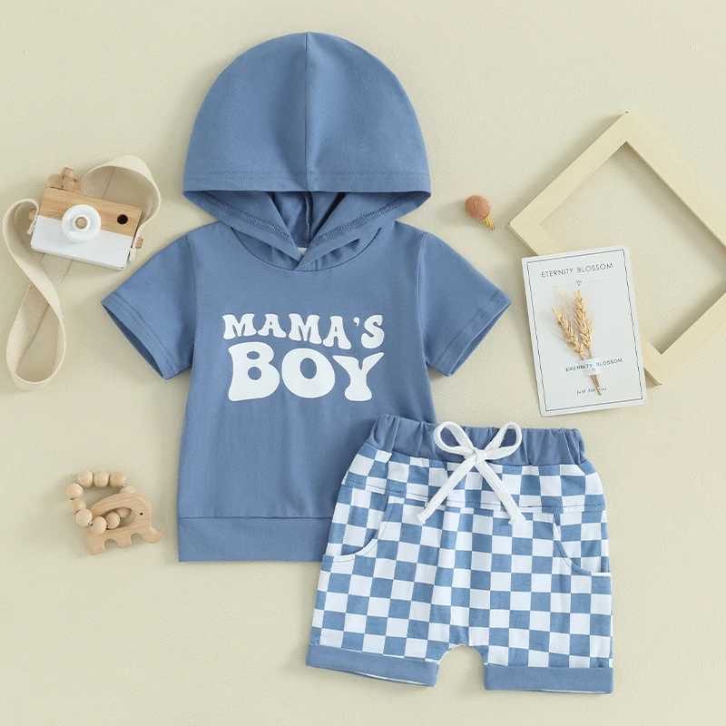 Clothing Sets 2023-12-28 Lioraitiin 0-3Y Toddler Baby Boy Summer Outfits Letter Print Short Sleeve Hooded Sweatshirts+Checkerboard Shorts Set R240708