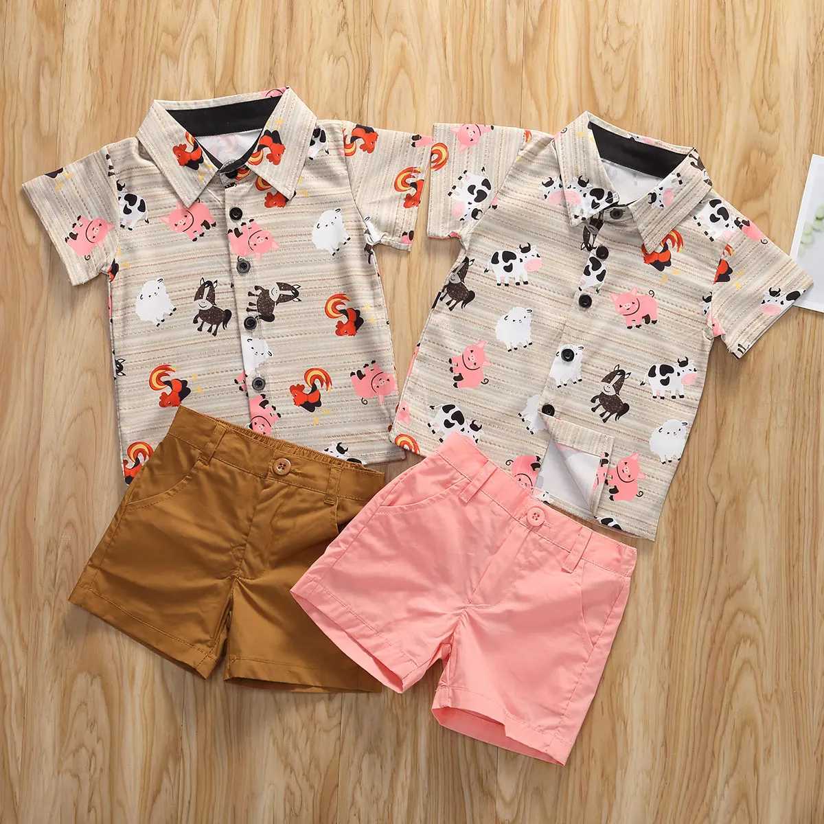 Clothing Sets Lioraitiin 0-5years Toddler Boy Summer Clothes Set Short Sleeve Printed Button Shirt+Solid Color Shorts Outfit R240708