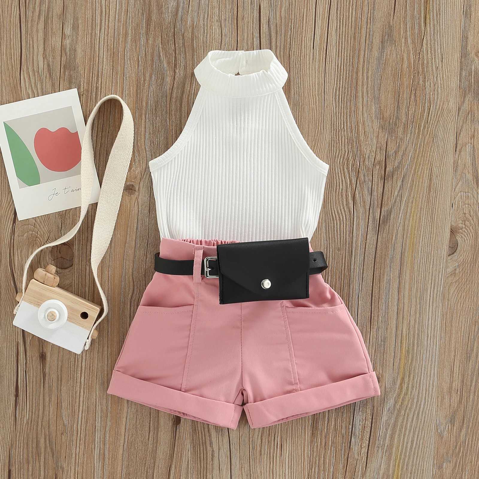 Clothing Sets Little Girl Three-Piece Outfits Solid Color Sleeveless Ribbed Stand-Up Collar Tops + Belted Short Pants + Small Waist Pack 6M-4T R240708