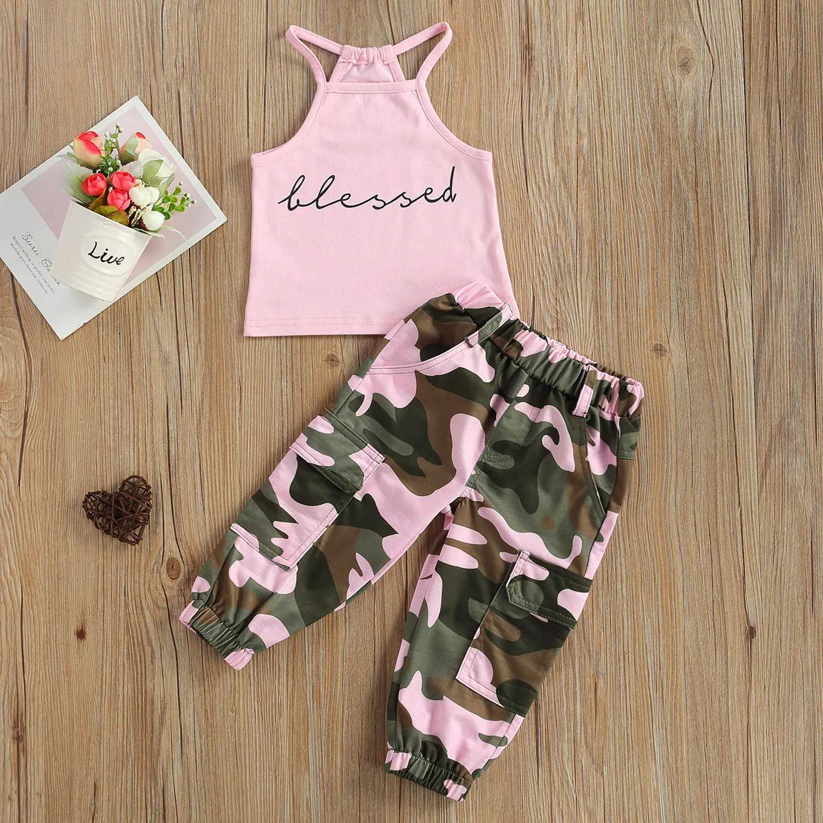 Clothing Sets Infant Kids Baby Girls 2Pcs Clothes Set Sleeveless Letter Printed High Neck Halter Tops with Camouflage Printed Long Pants R240708