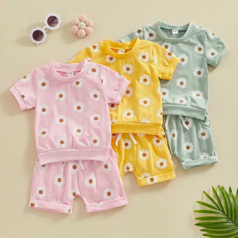 Clothing Sets Lioraitiin Toddler Newborn Baby Girls Summer Clothes Short Sleeve Daisy Print Crew Neck T-Shirt Elastic Rolled Shorts Set R240708