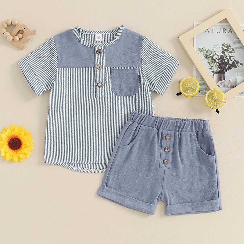 Clothing Sets 2024-03-09 Lioraitiin Toddler Boys Summer Outfits Striped Print Short Sleeve T-Shirt and Elastic Shorts Vacation Clothes Set R240708