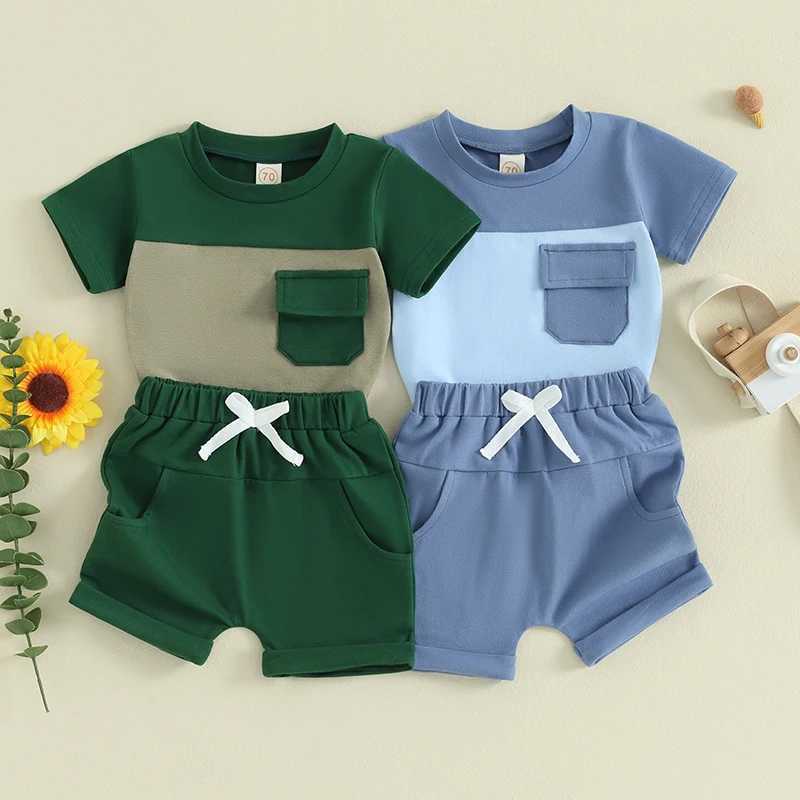 Clothing Sets Pudcoco 2Pcs Baby Boy Summer Outfits Short Sleeve Contrast Color T-Shirt + Pocket Shorts Set Toddler Clothes 0-3T R240708