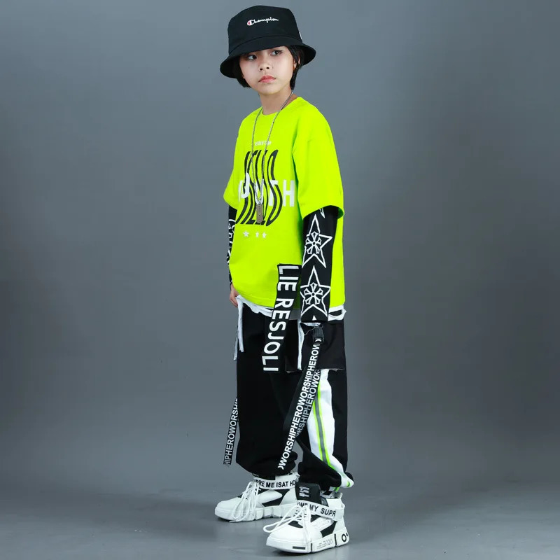 Kids Fashion Hip Hop Clothing Oversize Green Hoodie Streetwear Black Cargo Shorts For Girls Boys Jazz Dance Costume Clothes 240703