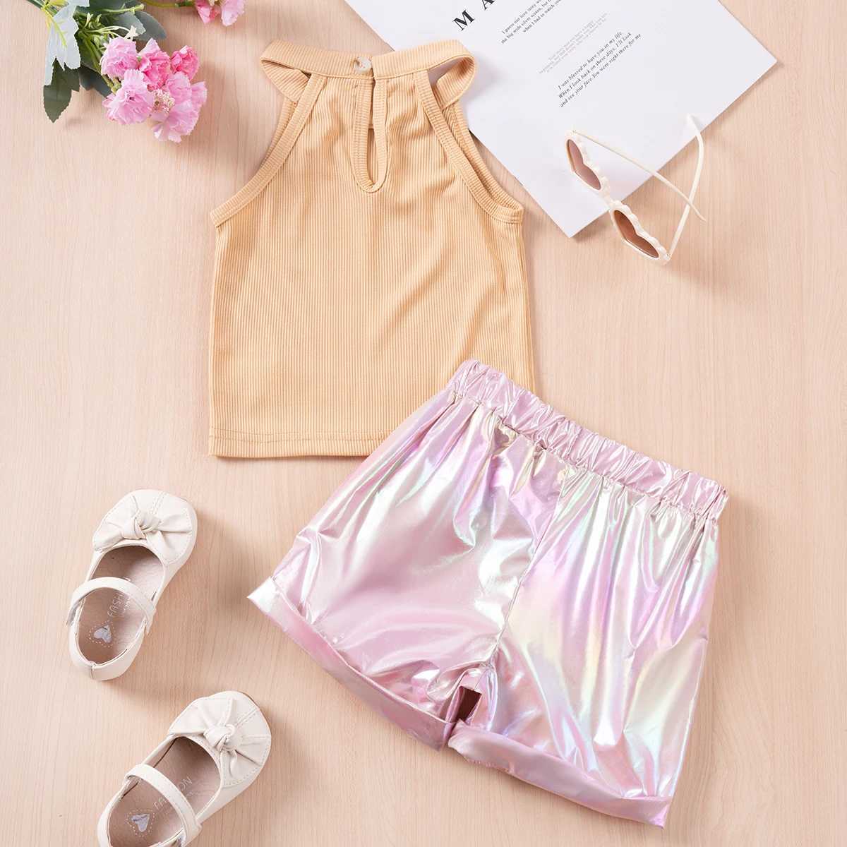 Clothing Sets Baby Girl Summer Set Solid Color Button Tank Top+Colorful Shorts for Casual and Comfortable Daily or Party Wear R240708
