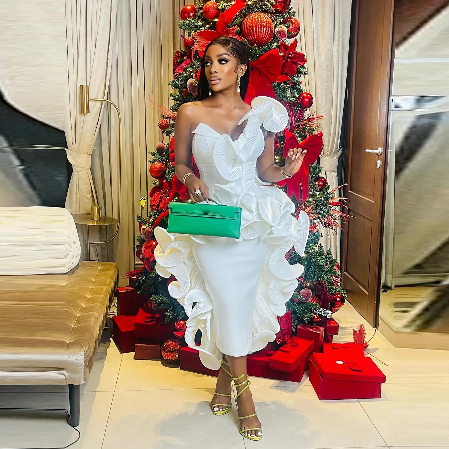 Black Girls Prom Dresses 2025 One Shoulder Ruffles Mermaid Tea Length Vestidos De Noche Aso Ebi Evening Party Dress Gowns