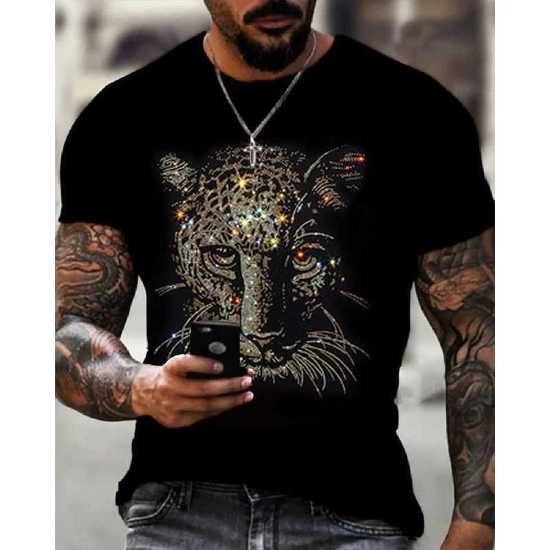 Men's T-Shirts Mens Quality Fashion T-Shirts Casual Streetwear Short Sleeve Leopard Hot Drill Men Clothes Tee Tops O-Neck Rhinestone Tshirt Y2K Q240708