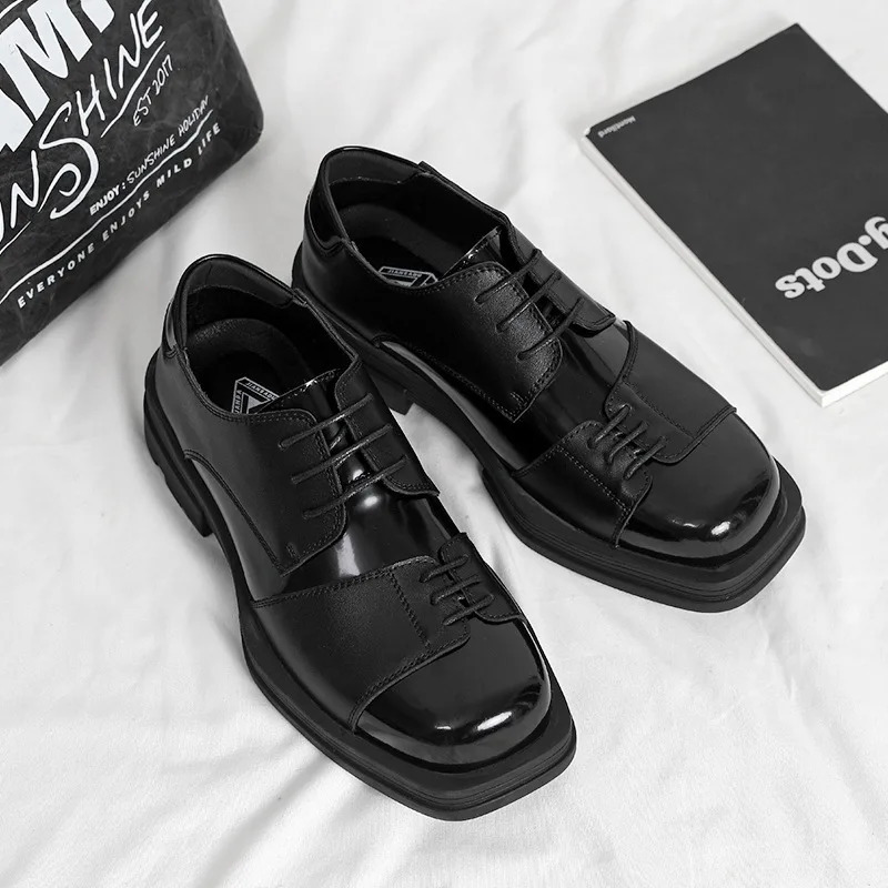 Men Genuine Leather Derby Vintage Square Toe Male Lace Up Platform Dress New Black Business Footwear Wedding Shoes 240702