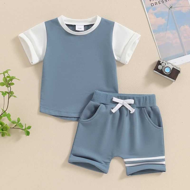Clothing Sets 2024-03-26 Lioraitiin Summer Toddler Baby Boys 2PCS Shorts Sets Short Sleeve Contrast Color Tops and Drstring Shorts Sets R240708