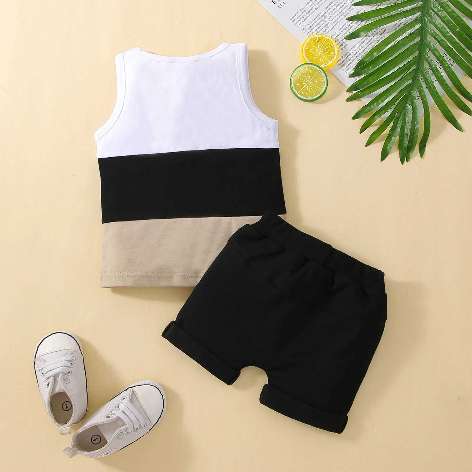 Clothing Sets Infant Baby Boys 2PCS Pants Suit Sleeveless Patchwork Crew Tank Tees + White Straps Short Pants Toddler Boys Casual Outfit R240708
