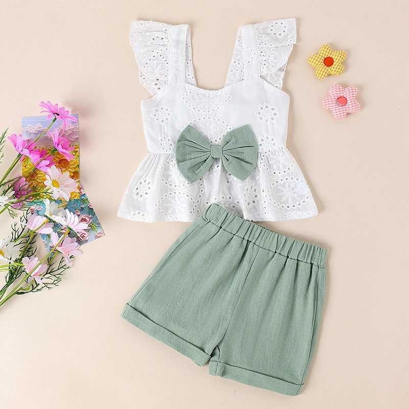 Clothing Sets Pudcoco Girls Shorts Set Ruffles Flutter Sleeve Hollow Eyelet Embroidery Camisole Tops Elastic Waistband Shorts Outfits 6M-4T R240708