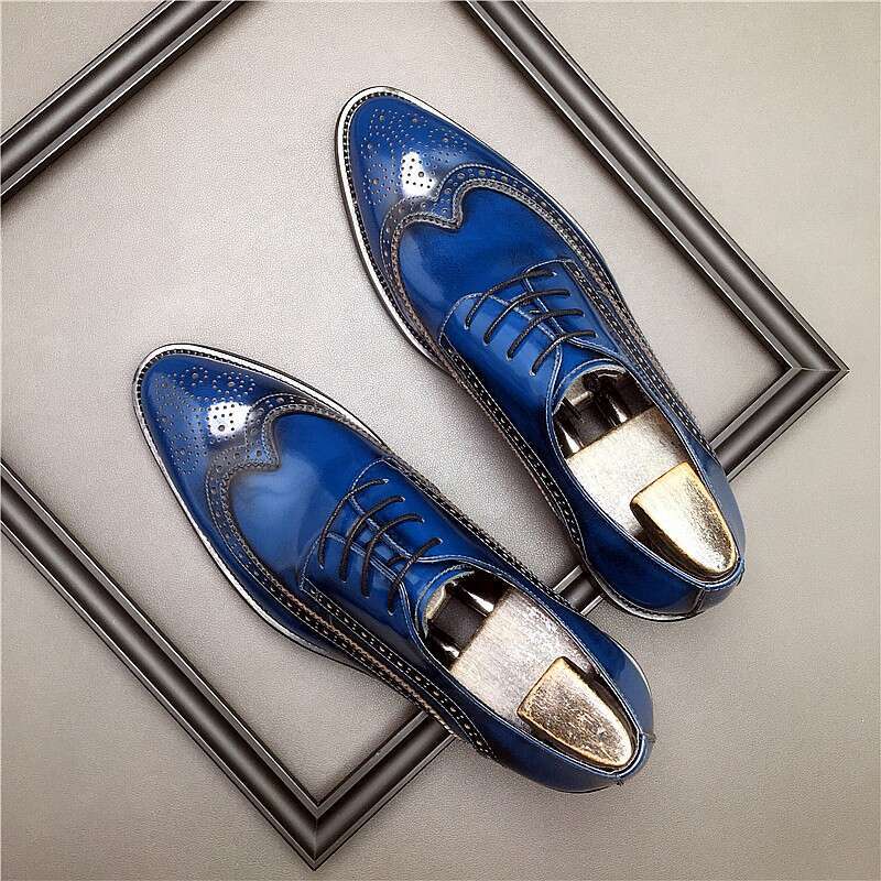 HKDQ Genuine Leather Men Brogue British Oxford Dress Fashion Wedding Pointed Tip Lace Up Business Shoes Formal Blue Shoe