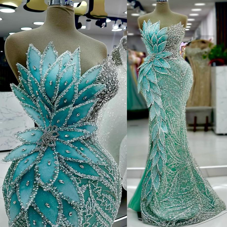 2024 Aso Ebi Sage Prom Dresses Crystals Florals Sequined Evening Formal Party Second Reception Birthday Celebrity Engagement Gowns Dress Robe De Soire
