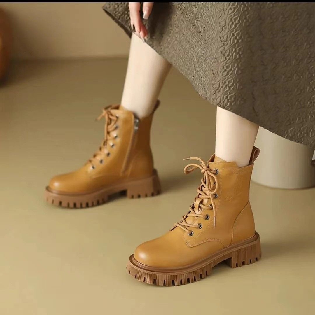 Soft leather thick soled Martin boots for women spring, summer autumn single boots winter plush British style popular Instagram trend