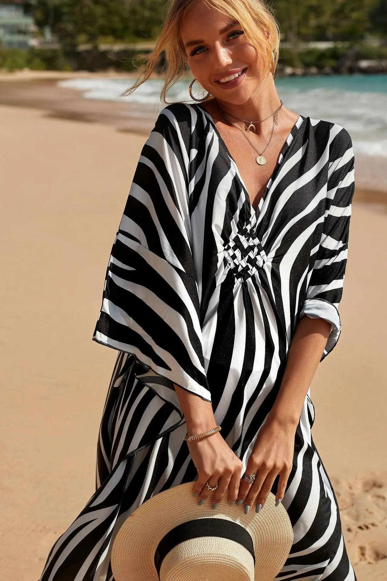 Plus Size Kaftan Dresses for Women Wave Neck Swimsuit Cover Up Caftan Dress Oversized Long Beach 240701