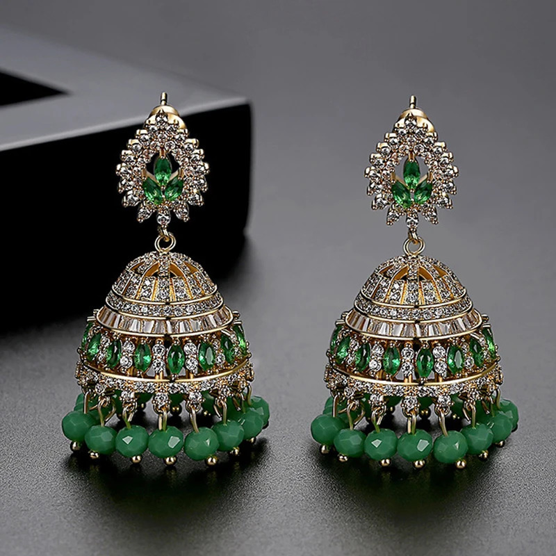 Vintage Bell Beads Crystal Zircon Tassel Drop Dangle Earrings Fashion Indian Dubai Bollywood Jhumka Jhumki Gold Plated Jewelry 240701