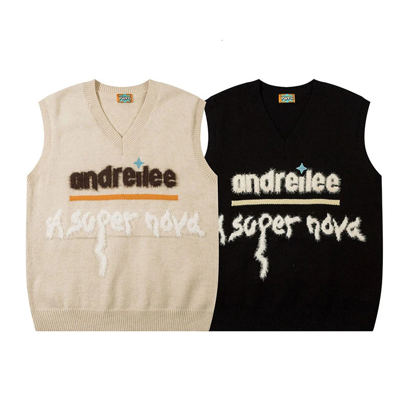 Harajuku Retro Embroidery Letter Jumper Knit Sweater Vest Aesthetics Korean Sleeveless Sweater Loose Couple Sweater Womens Y2K 240704