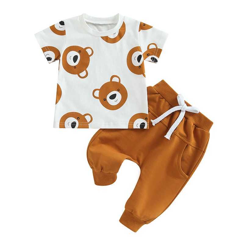 Clothing Sets 2023-05-23 Lioraitiin 0-3Years Toddler Baby Boy 2Pcs Summer Outfits Short Sleeve Bear Print Tops Solid Pants Set Clothes R240708