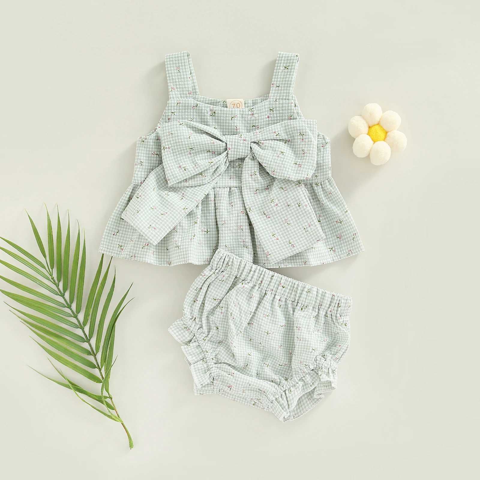 Clothing Sets Infant Baby Girl 2 Pcs Outfits Suit Plaid Pattern Floral Printed Bowknot Suspender Tops Shorts Set For Summer R240708