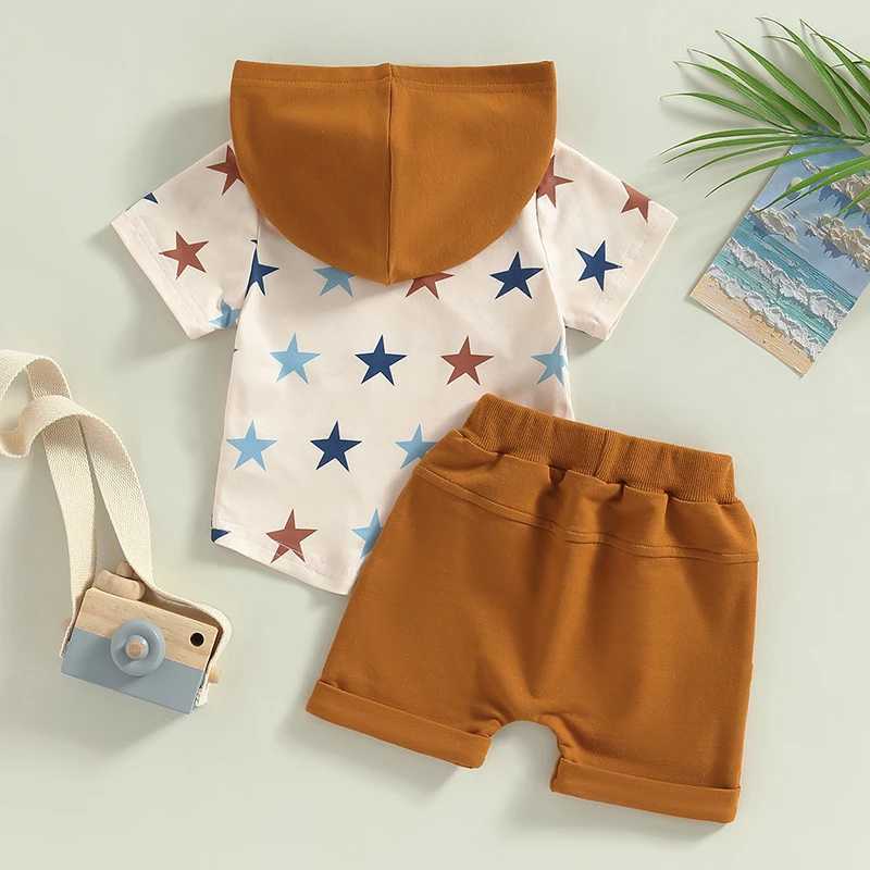 Clothing Sets 2023-03-08 Lioraitiin 0-3Years Toddler Baby Boys 2Pcs Summer Set Stars Print Hooded T-shirt Shorts Outfit R240708