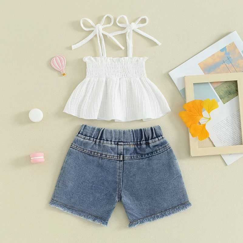 Clothing Sets Pudcoco Kids Baby Girls Shorts Set Tie-up Pleated Camisole with Ripped Denim Shorts Summer 2-piece Outfit 1-5T R240708