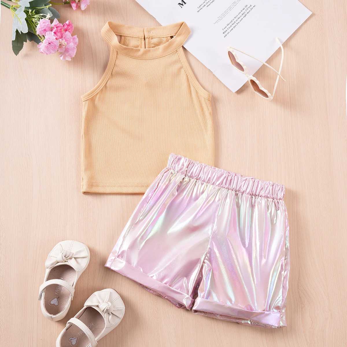 Clothing Sets Baby Girl Summer Set Solid Color Button Tank Top+Colorful Shorts for Casual and Comfortable Daily or Party Wear R240708