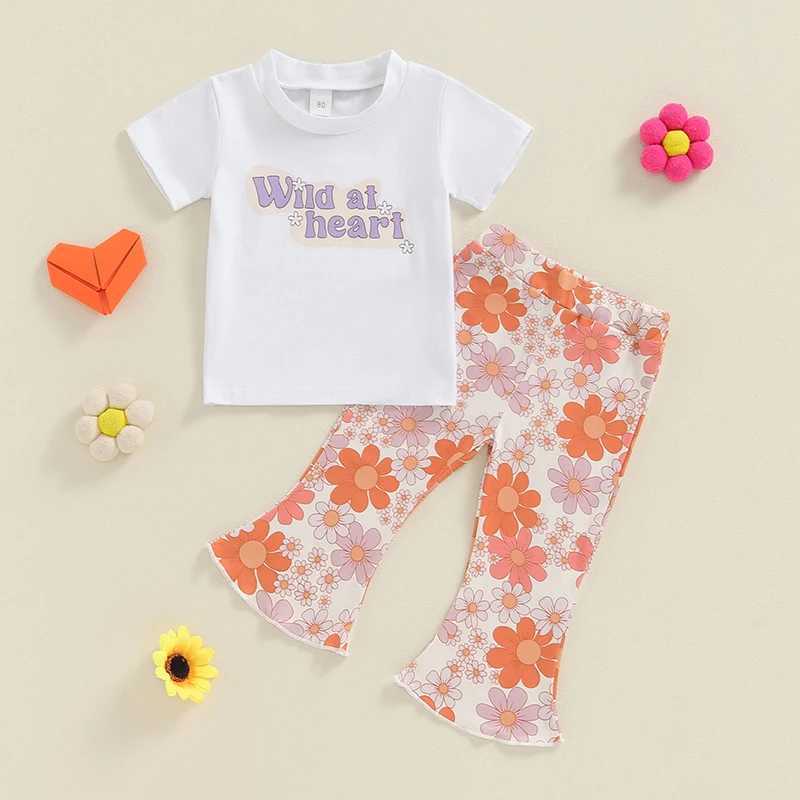 Clothing Sets 2024-05-09 Lioraitiin Toddler Girls Summer Outfits Letter Print Round Neck Short Sleeve Tops Elastic Waist Flare Pants 2Pcs Set R240708