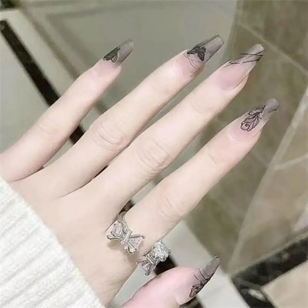 Ink Wear Nail Rose Nail Patch Dark High Grade Nail Wearing Sense Long Section Nail Patch White Nail Patch 240705