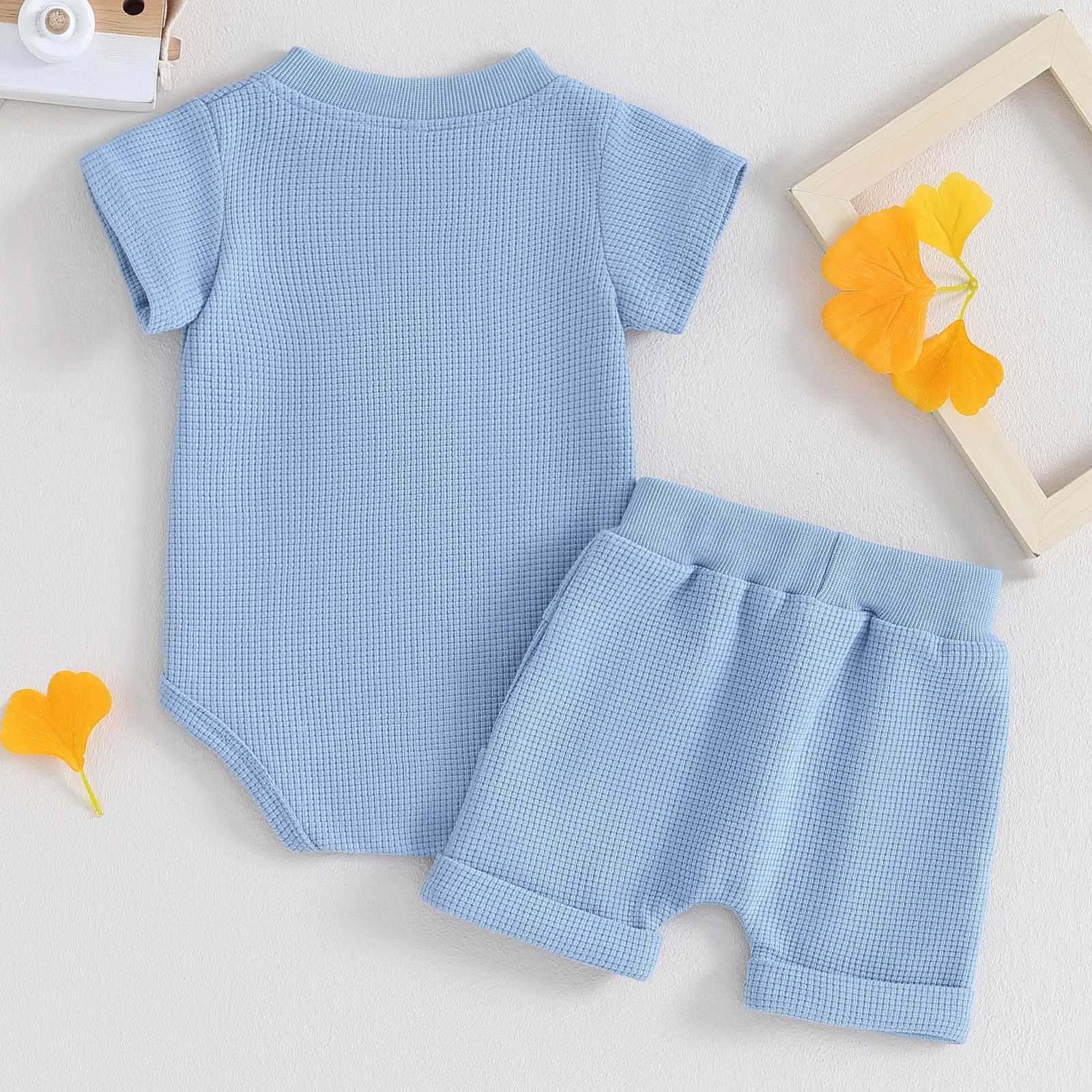 Clothing Sets Pudcoco Toddler Newborn Baby Boy Summer Clothes Solid Color Waffle Short Sleeve Button Romper with Shorts 2Pcs Outfit 0-12M R240708
