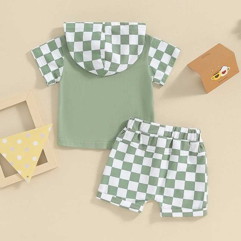 Clothing Sets Baby Boy Summer Clothing Outfits Short Sleeve Letter Print Hooded Tops + Elastic Waist Checkerboard Shorts Infant Toddler Sets 2LN4