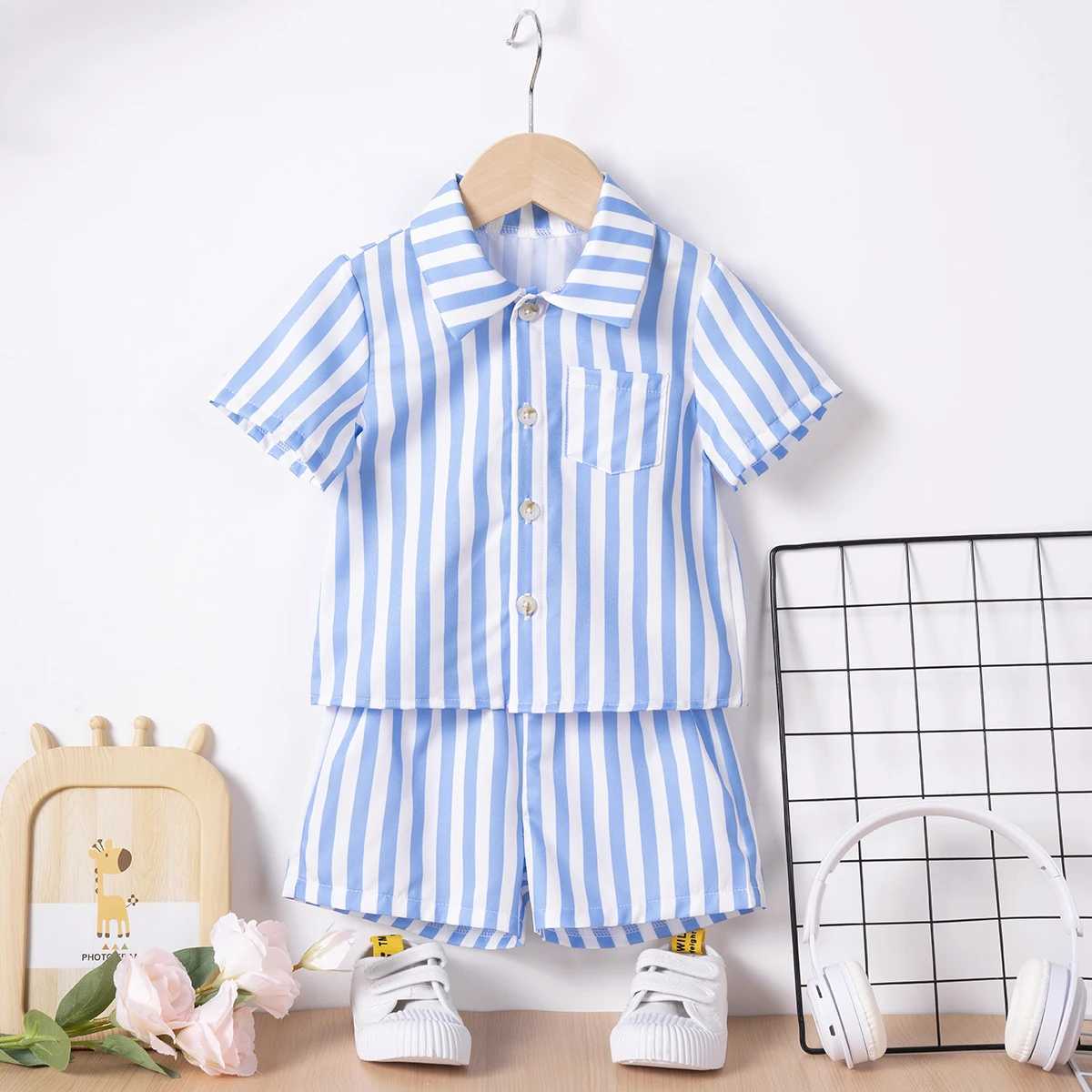 Clothing Sets New Boys Summer Shirt Short Sleeve Suit Sewn Striped Loose Suit Casual T-Shirt and Shorts Kids Clothing Suit R240708