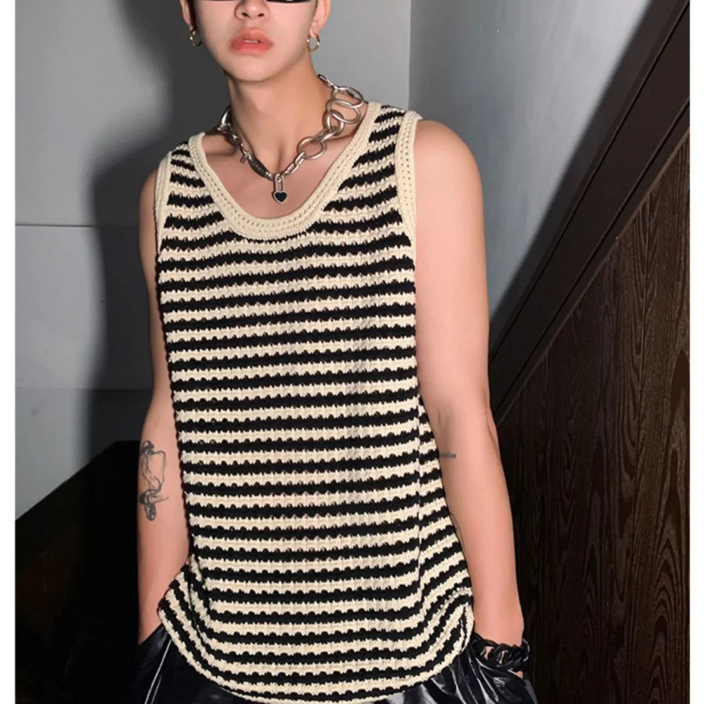 Summer y2k Niche Knitted Hollow Striped Vest Men Spaghetti Straps O-Neck Casual Loose Retro Couple Knit Sweater Vest 240704